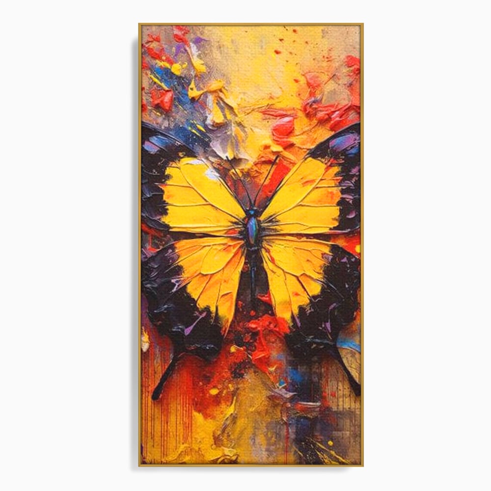 Tablou canvas cu pictura cu fluture galben, in rama de aluminiu auriu